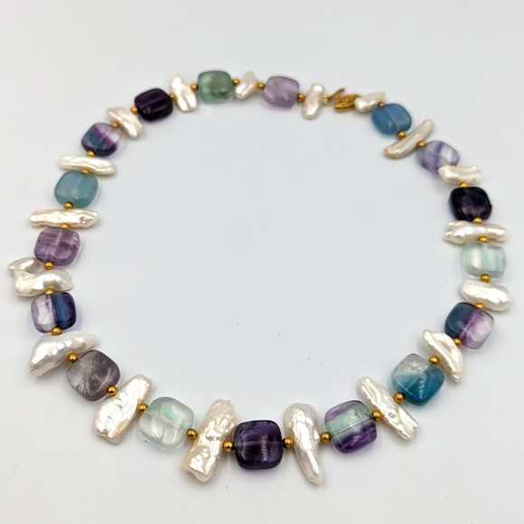 14K Gold Bead Keshi Pearl Fluorite Amethyst 14K Gold Clasp Collar Necklace 16" - Picture 1 of 13